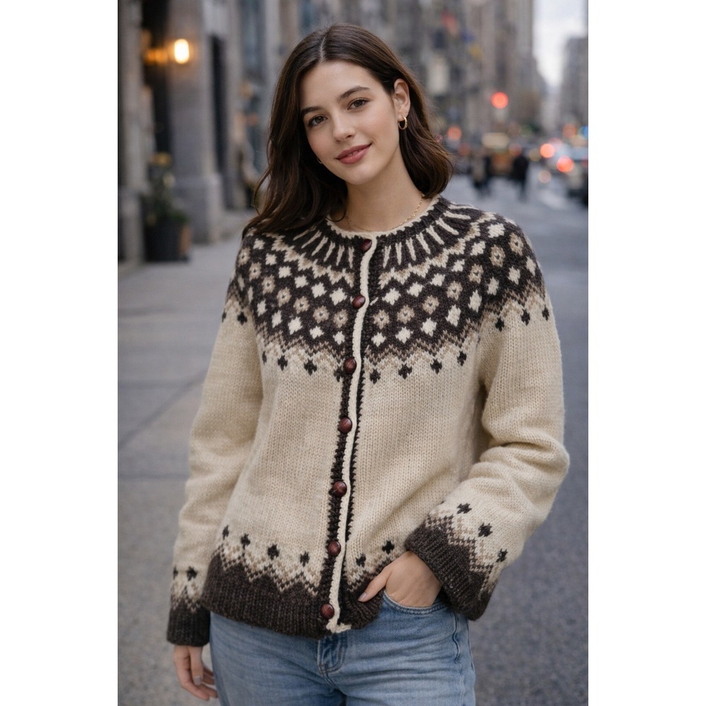Handknit Icelandic Nordic‎ Women's Cream and Brown Patterned Sweater